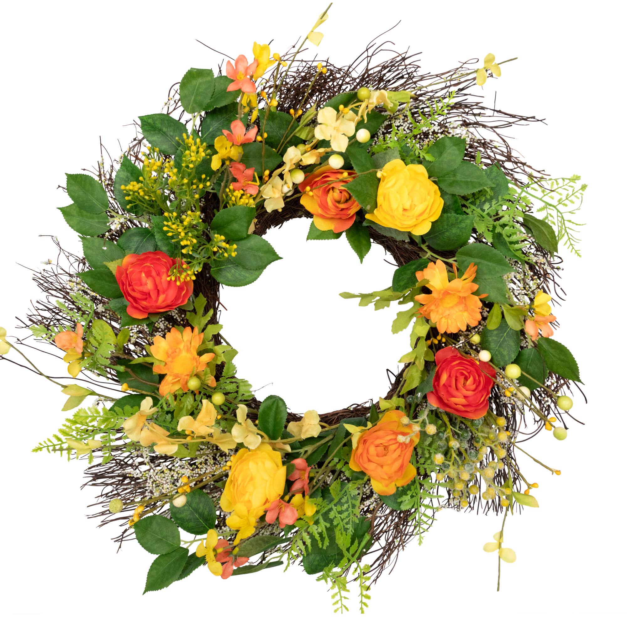 20" Orange & Yellow Ranunculus & Rose Spring Wreath